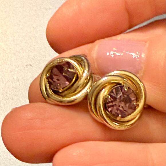 Vintage Coro Gold Tone Purple Stone Earrings - Picture 3 of 7